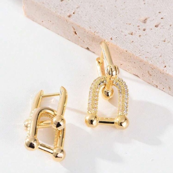 Gold Linked Textured Padlock Hoop Earrings - Picture 2 of 2